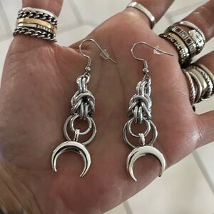 Handmade up side down crescent moon horns lunula maille dangly earrings .